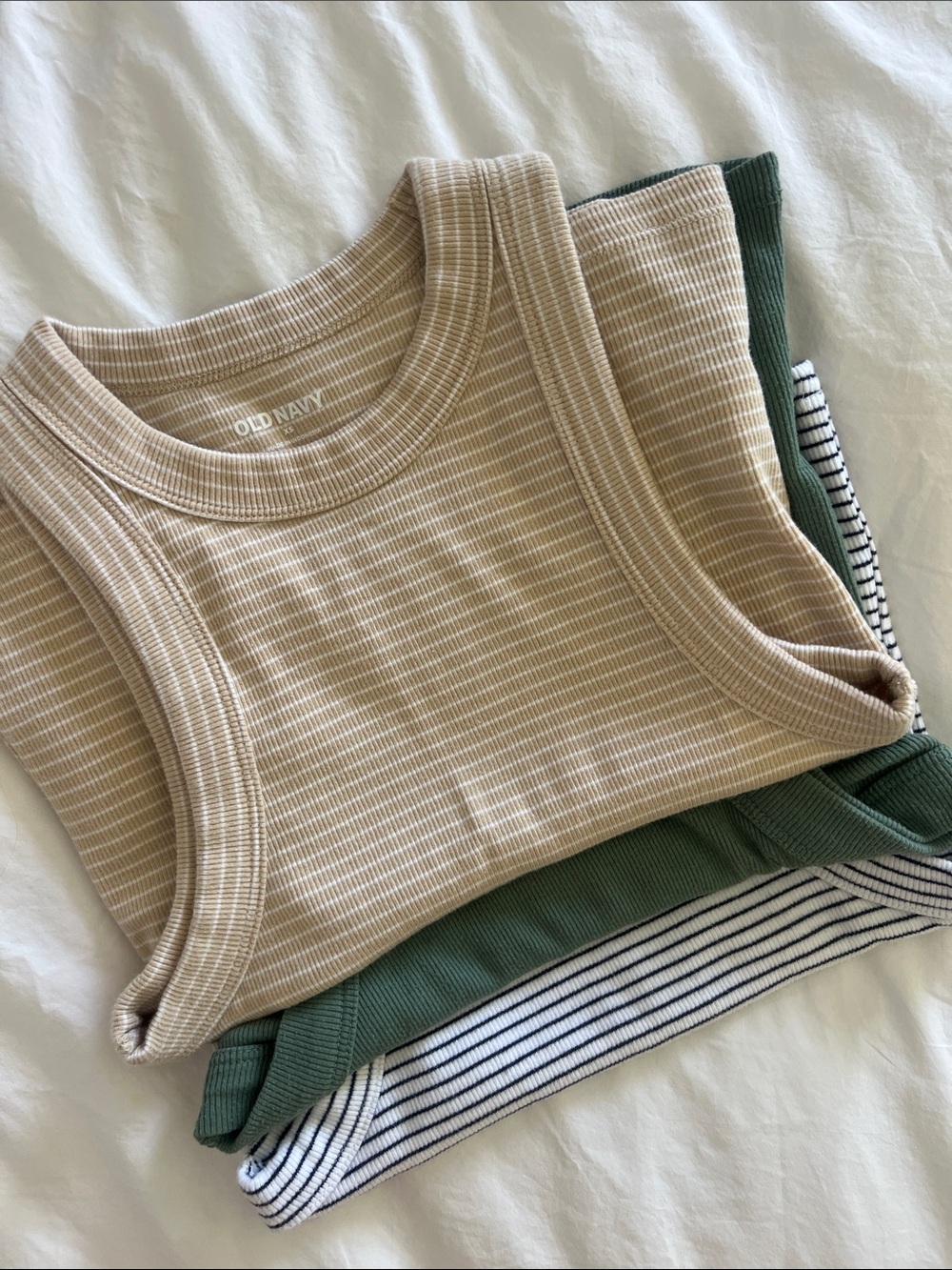 Set of 3 Old Navy Ribbed Tank Stack - Beige, Green, Black-White Stripe, XS